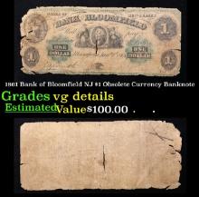 1861 Bank of Bloomfield NJ $1 Obsolete Currency Banknote Grades vg, very good