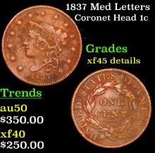 1837 Med Letters Coronet Head Large Cent 1c Grades xf Details
