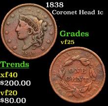 1838 Coronet Head Large Cent 1c Grades vf+