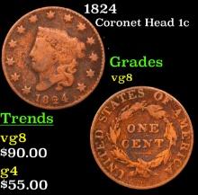 1824 Coronet Head Large Cent 1c Grades vg, very good