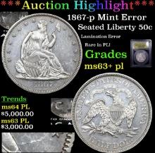 ***Auction Highlight*** 1867-p Seated Half Dollar Mint Error 50c Graded Select Unc+ PL BY USCG (fc)
