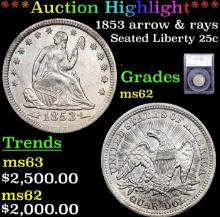 ***Auction Highlight*** 1853 arrow & rays Seated Liberty Quarter 25c Graded Select Unc By USCG (fc)