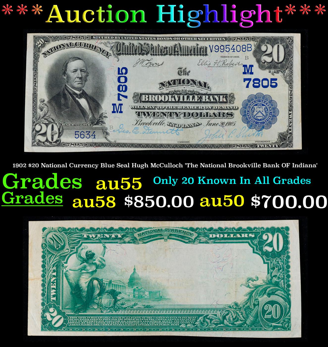 ***Auction Highlight*** 1902 $20 National Currency Blue Seal Hugh McCulloch 'The National Brookville