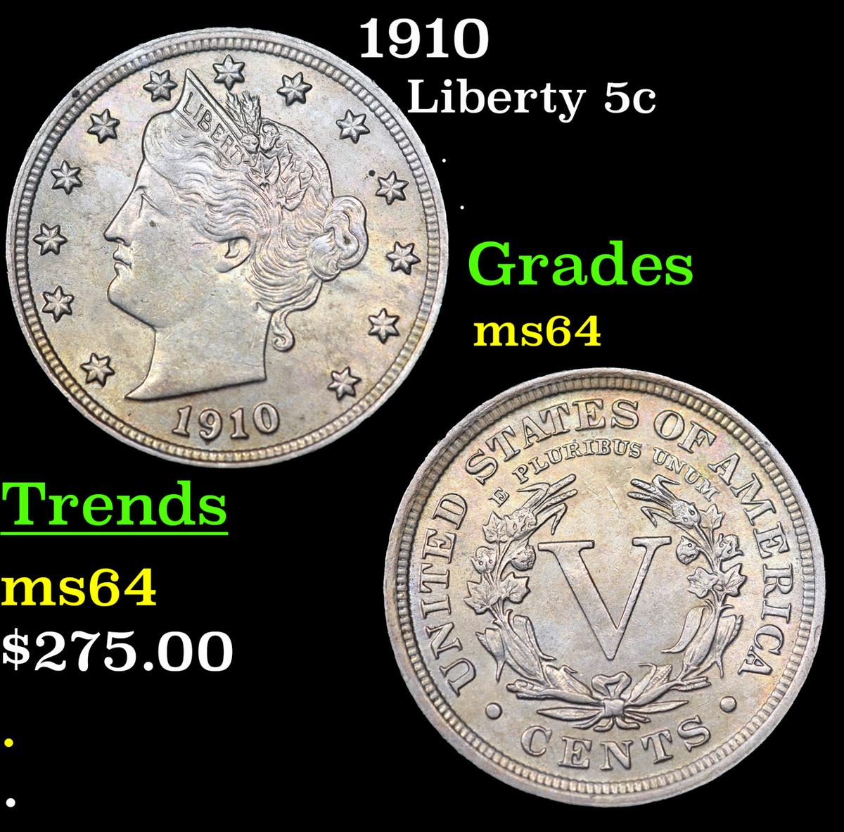 1910 Liberty Nickel 5c Grades Choice Unc