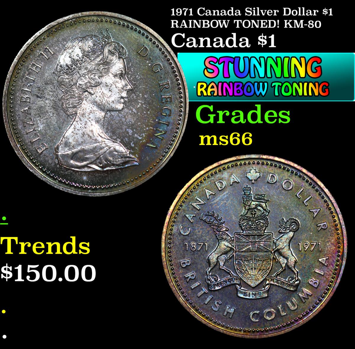 1971 Canada Silver Dollar $1 RAINBOW TONED! KM-80 Grades GEM+ Unc