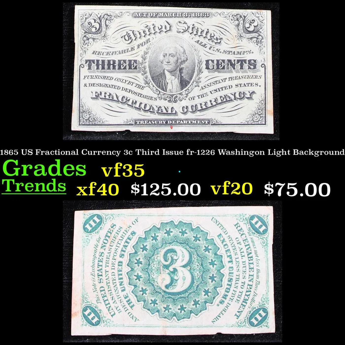 1865 US Fractional Currency 3c Third Issue fr-1226 Washingon Light Background Grades vf++