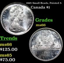 1965 Small Beads, Pointed 5 Canada Silver Dollar $1 Grades GEM+ Unc