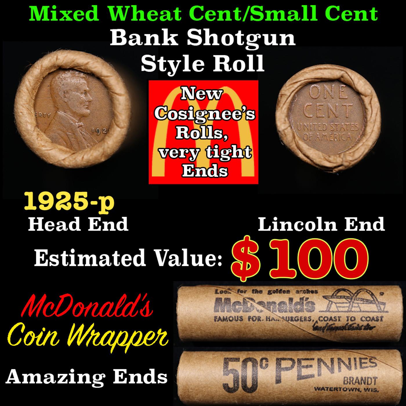 Lincoln Wheat Cent 1c Mixed Roll Orig Brandt McDonalds Wrapper, 1925-p end, Wheat other end