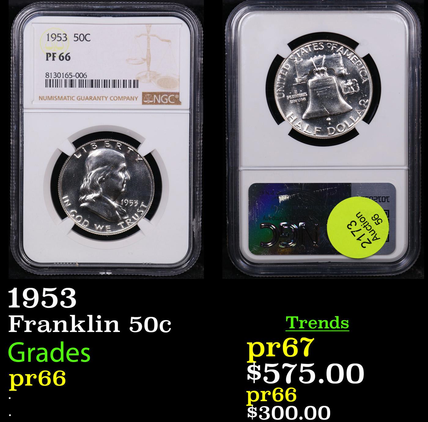 Proof NGC 1953 Franklin Half Dollar 50c Graded pr66 By NGC