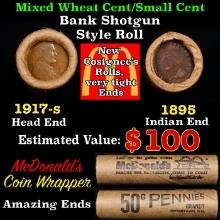 Small Cent Mixed Roll Orig Brandt McDonalds Wrapper, 1917-s Lincoln Wheat end, 1895 Indian other end