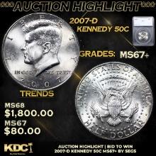 ***Auction Highlight*** 2007-d Kennedy Half Dollar 50c Graded ms67+ BY SEGS (fc)