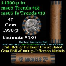 BU Shotgun Jefferson 5c roll, 1990-p 40 pcs Bank $2 Nickel Wrapper