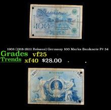 1908 (1918-1922 Reissue) Germany 100 Marks Banknote P# 34 Grades vf+
