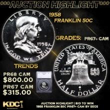 Proof ***Auction Highlight*** 1958 Franklin Half Dollar 50c Graded pr67+ cam BY SEGS (fc)
