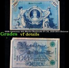 1908 Germany 100 Marks Banknote P# 34, 1918-1922 Reissue Grades vf details