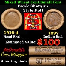 Small Cent Mixed Roll Orig Brandt McDonalds Wrapper, 1916-d Lincoln Wheat end, 1897 Indian other end