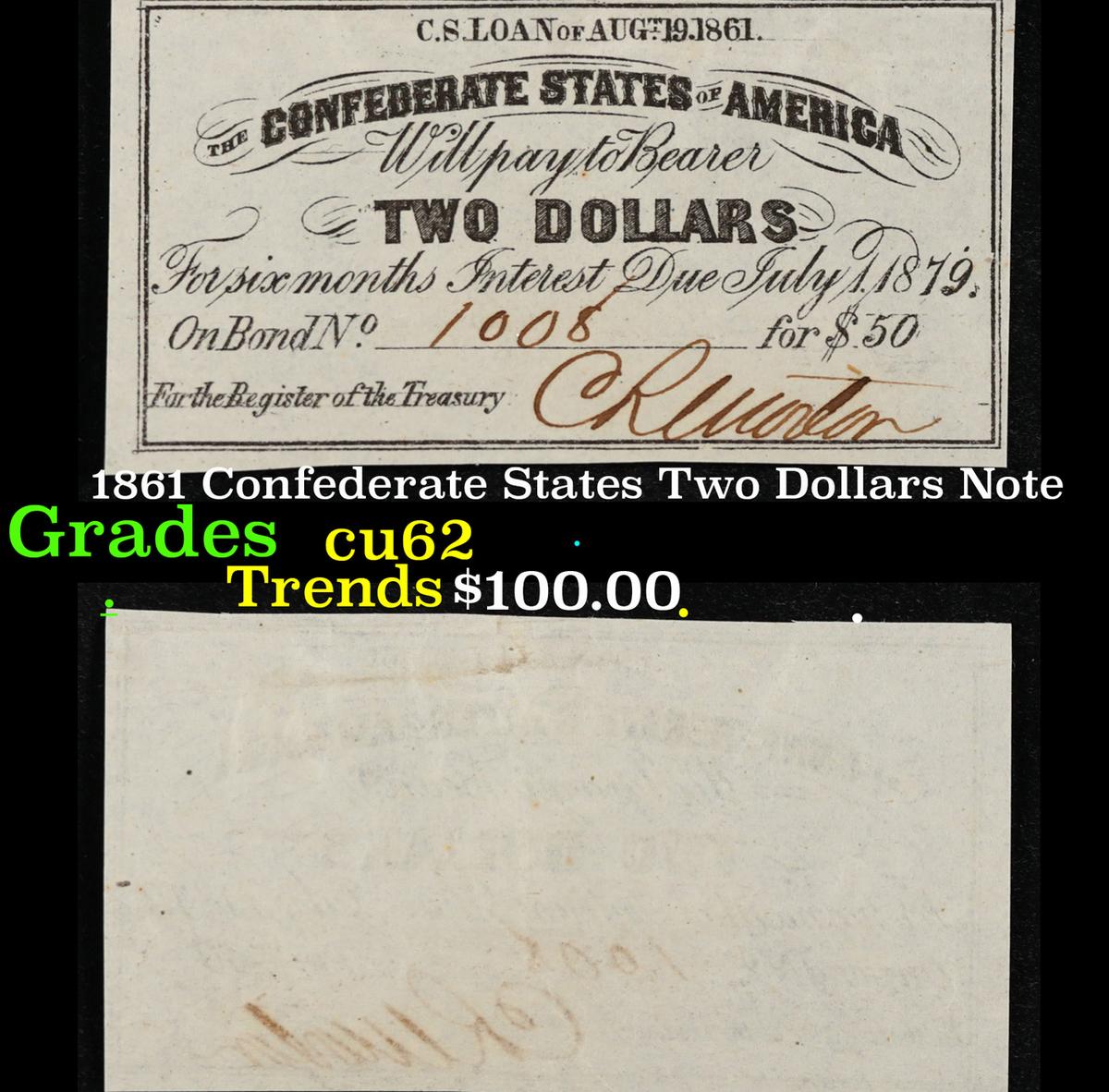 1861 Confederate States Two Dollars Note Grades Select CU