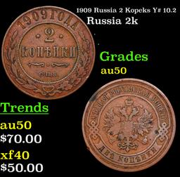 1909 Russia 2 Kopeks Y# 10.2 Grades AU, Almost Unc