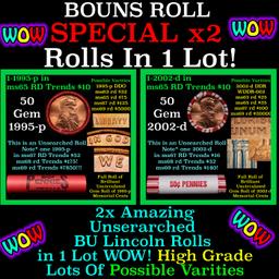 2x BU Shotgun Lincoln 1c rolls, 1995-p & 2002-d 50 pcs 50c