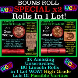 2x BU Shotgun Lincoln 1c rolls, 2001-p & 1980-d 50 pcs 50c