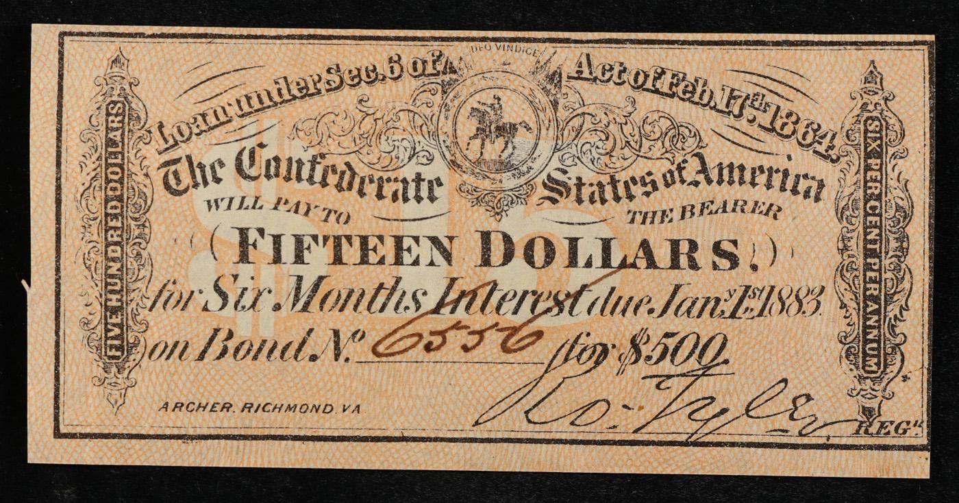 1864 3rd Series Confederate States Fifteen Dollars Note Grades Select CU
