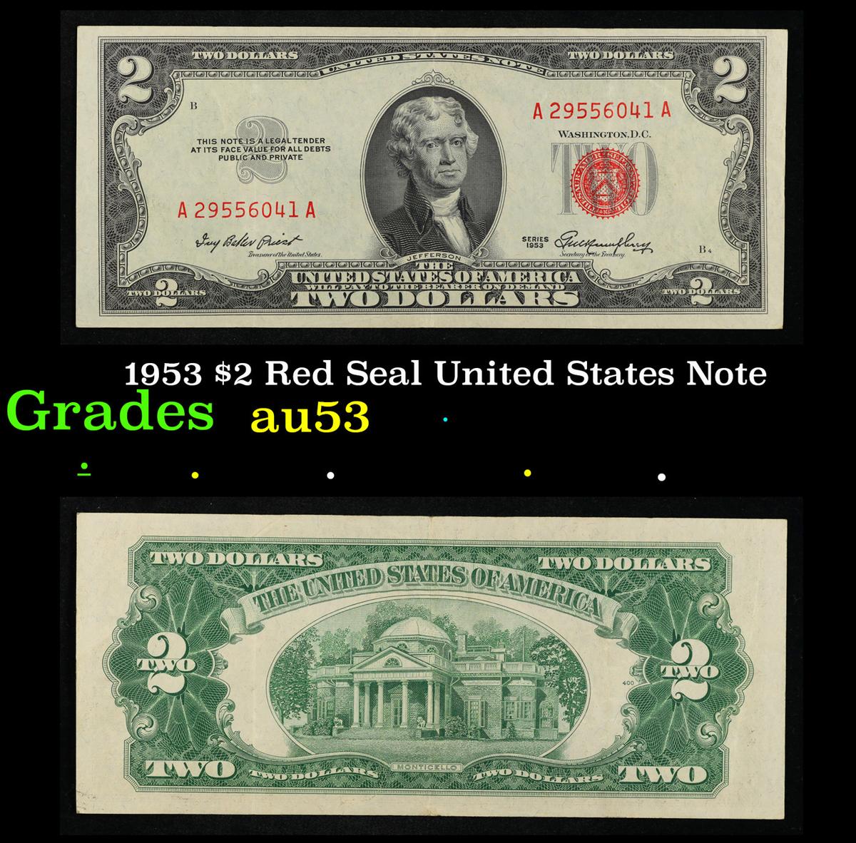 1953 $2 Red Seal United States Note Grades Select AU