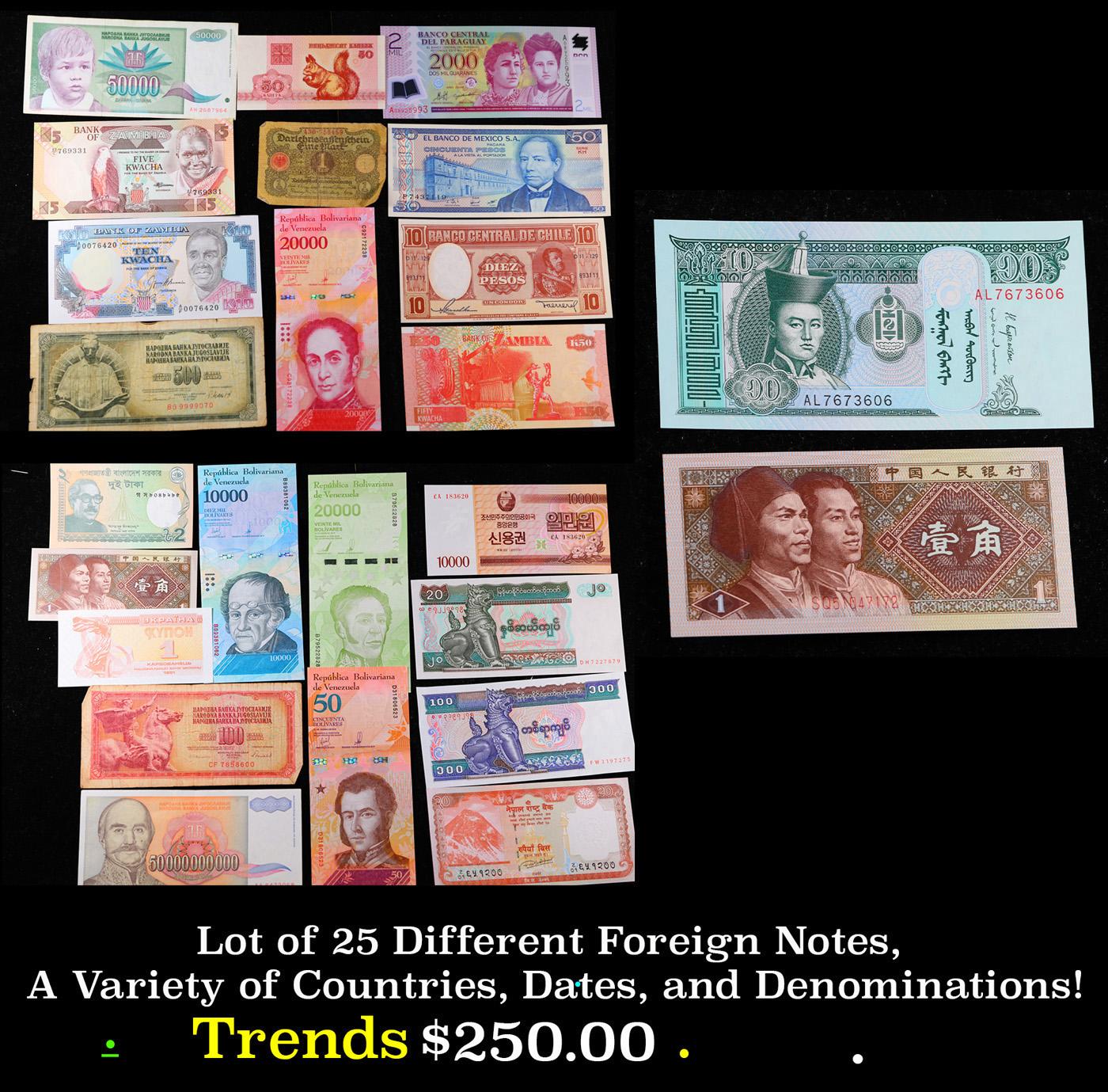 Lot of 25 Different Foreign Notes, A Variety of Countries, Dates, and Denominations!