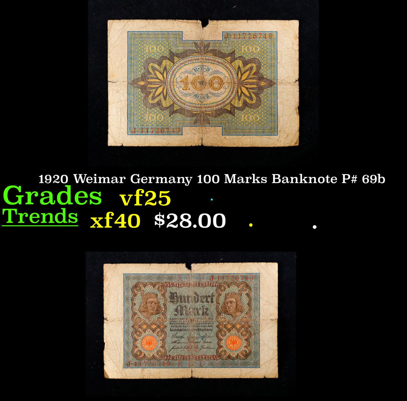 1920 Weimar Germany 100 Marks Banknote P# 69b Grades vf+