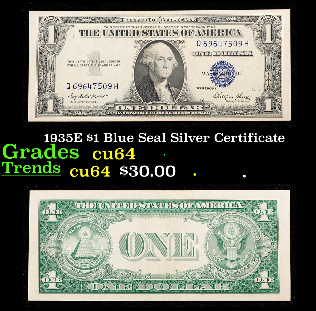 1935E $1 Blue Seal Silver Certificate Grades Choice CU