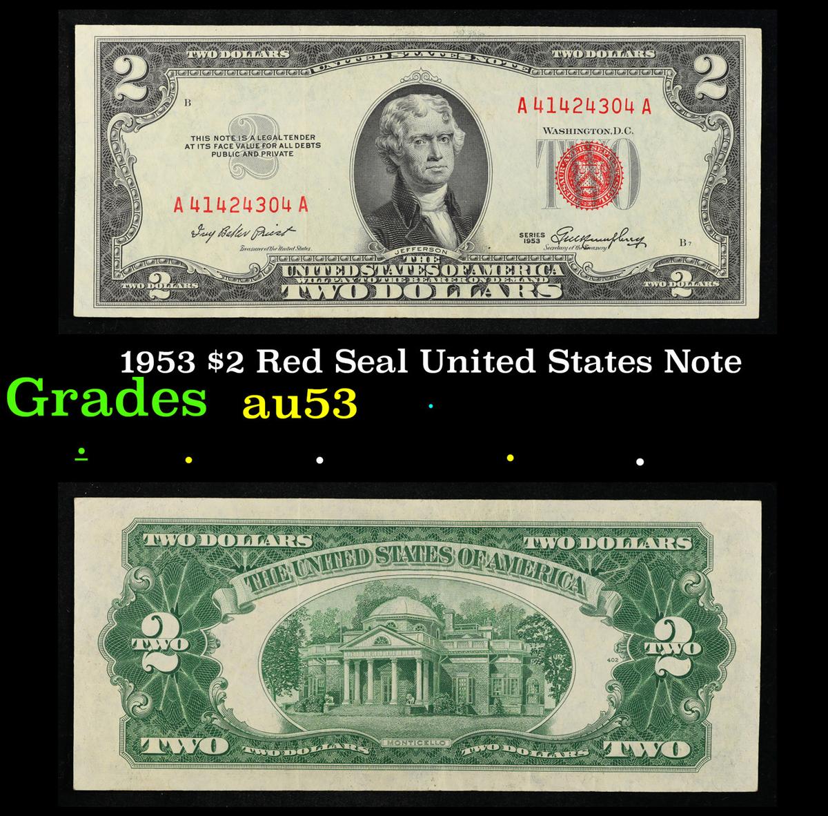 1953 $2 Red Seal United States Note Grades Select AU