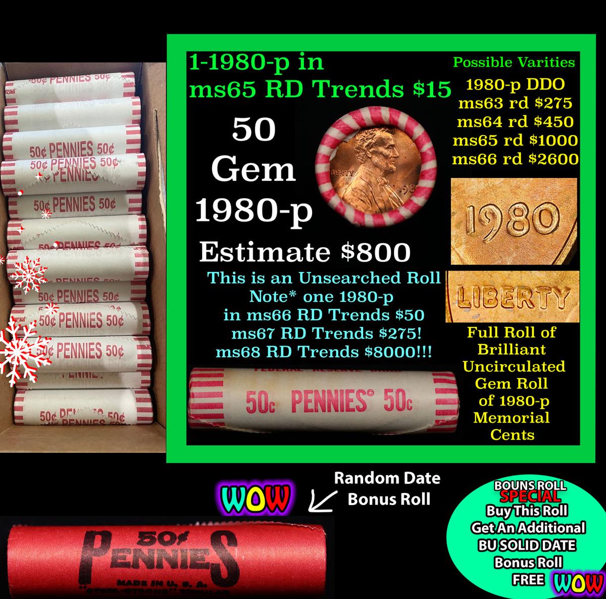 THIS AUCTION ONLY! BU Shotgun Lincoln 1c roll, 1980-p 50 pcs Plus one bonus random date BU roll! Fed