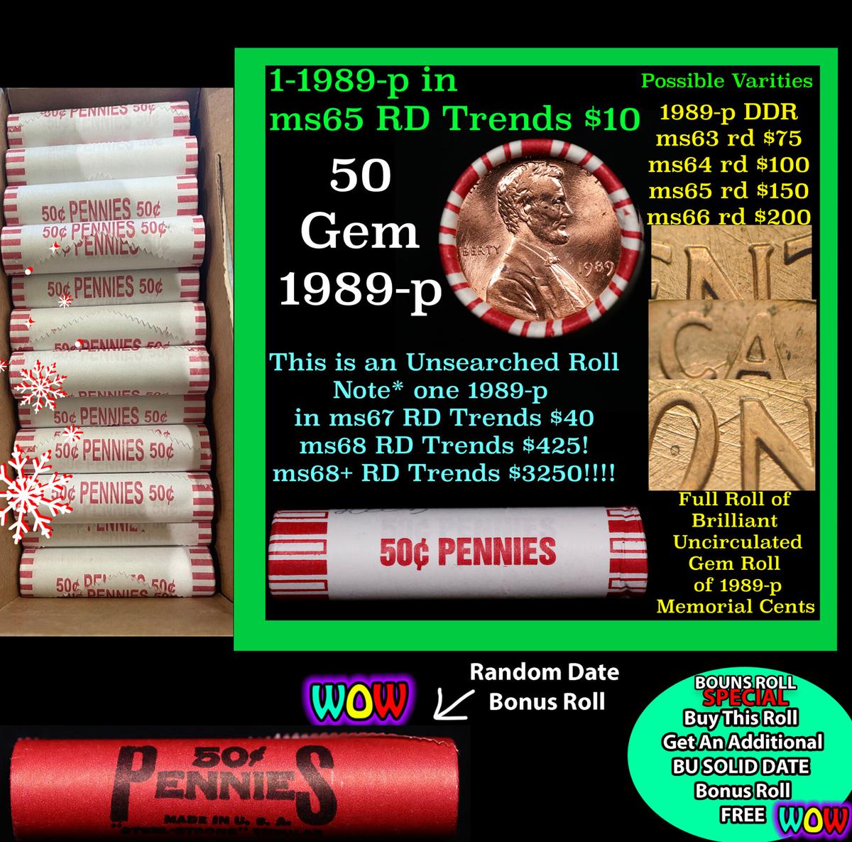 THIS AUCTION ONLY! BU Shotgun Lincoln 1c roll, 1989-p 50 pcs Plus one bonus random date BU roll! Ban