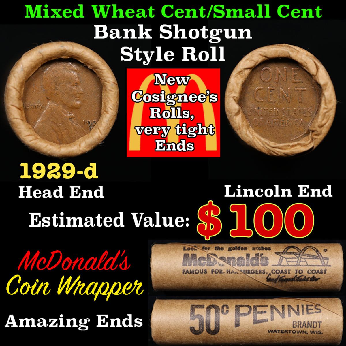 Lincoln Wheat Cent 1c Mixed Roll Orig Brandt McDonalds Wrapper, 1929-d end, Wheat other end