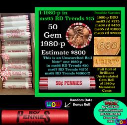 THIS AUCTION ONLY! BU Shotgun Lincoln 1c roll, 1980-p 50 pcs Plus one bonus random date BU roll! Ban