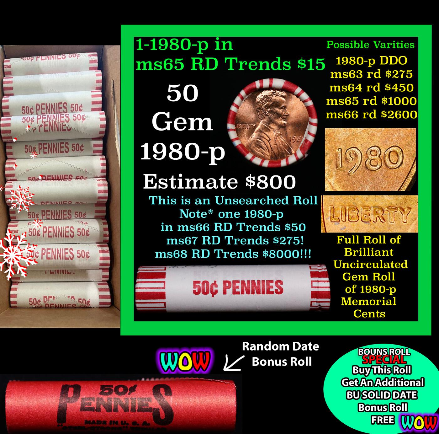 THIS AUCTION ONLY! BU Shotgun Lincoln 1c roll, 1980-p 50 pcs Plus one bonus random date BU roll! Ban