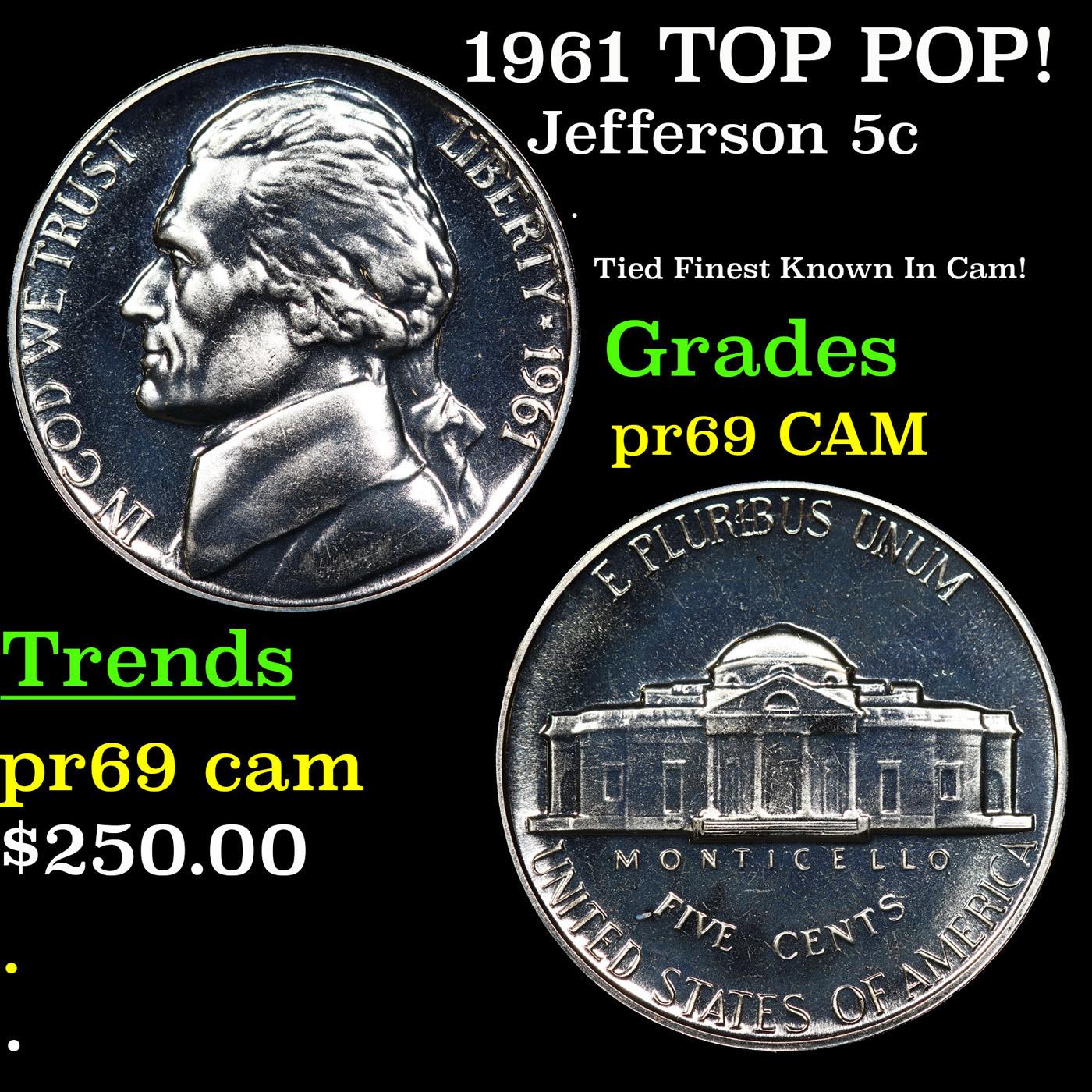 Proof 1961 Jefferson Nickel TOP POP! 5c Graded pr69 CAM BY SEGS