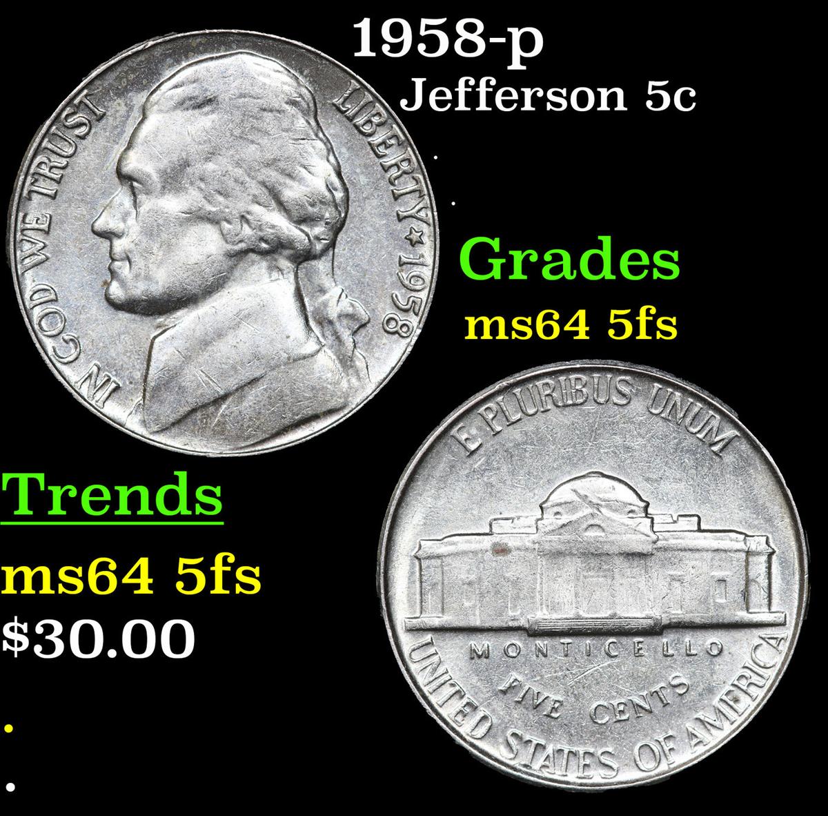 1958-p Jefferson Nickel 5c Grades Choice Unc 5fs