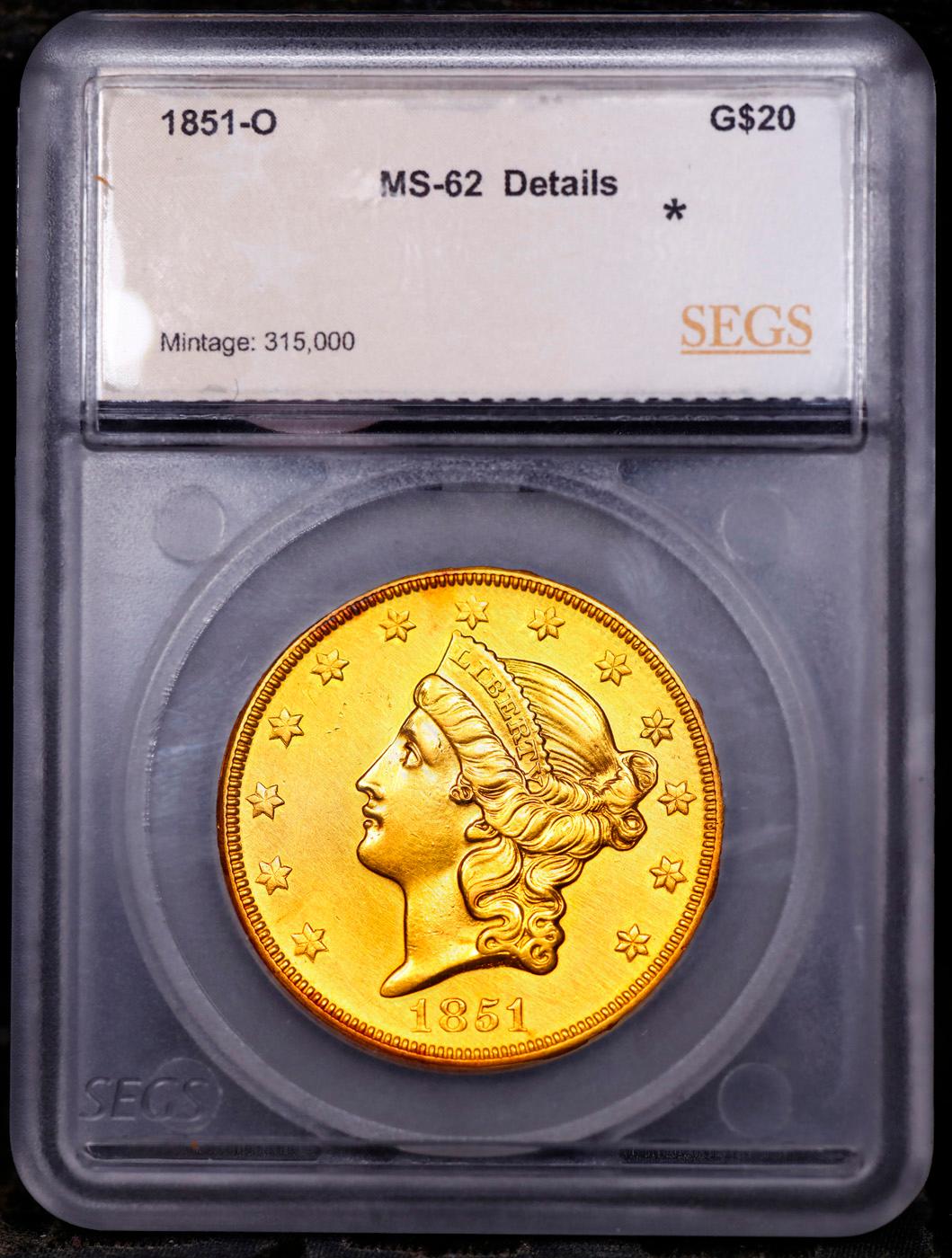 ***Auction Highlight*** 1851-o Gold Liberty Double Eagle Near Top Pop! $20 Graded ms62 details By SE