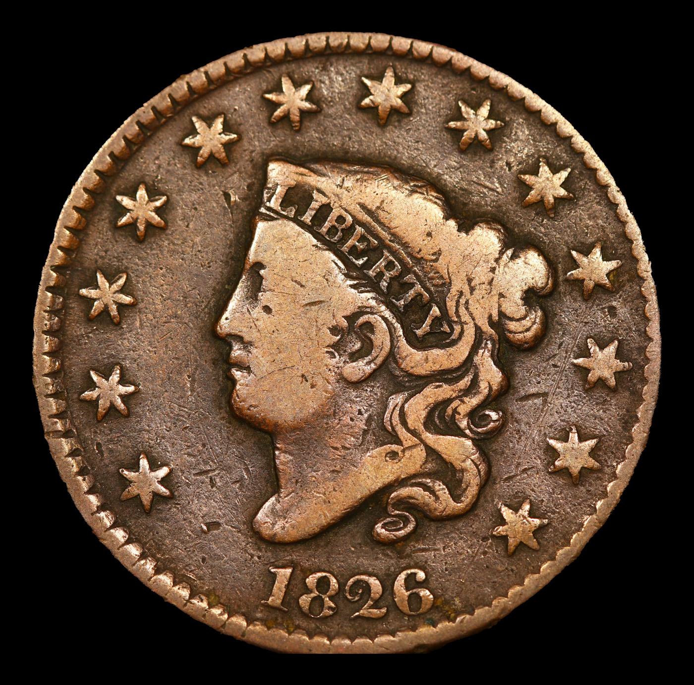 1826 Coronet Head Large Cent 1c Grades f, fine