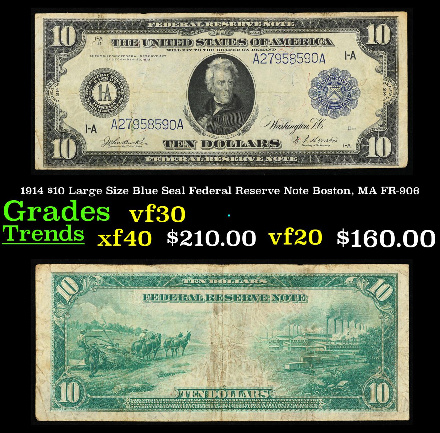 1914 $10 Large Size Blue Seal Federal Reserve Note Boston, MA Grades vf++ FR-906