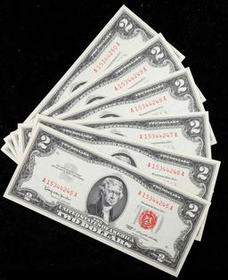 Lot of 6 Consecutive 1963 $2 United States Notes, All CU! $2 Red Seal United States Note Graded cu