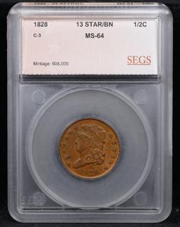 ***Auction Highlight*** 1828 13 Stars Classic Head half cent C-3 1/2c Graded ms64 bn By SEGS (fc)