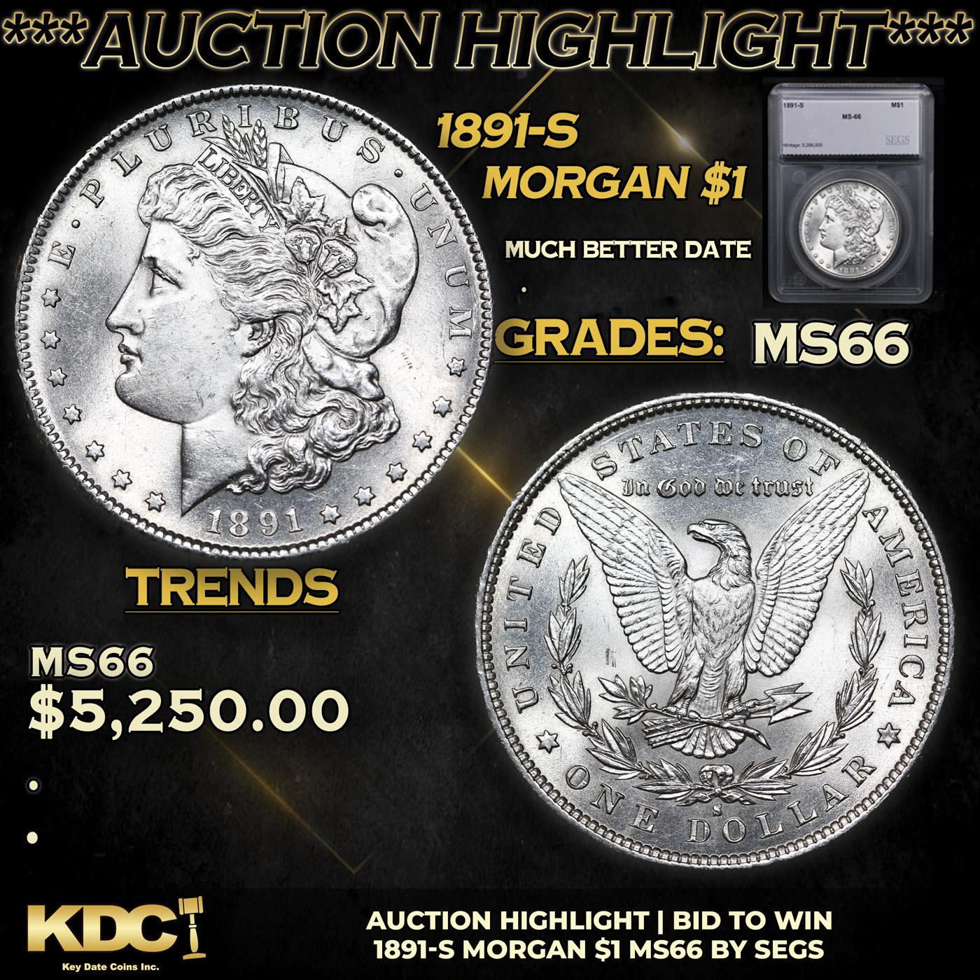 ***Auction Highlight*** 1891-s Morgan Dollar $1 Graded ms66 By SEGS (fc)