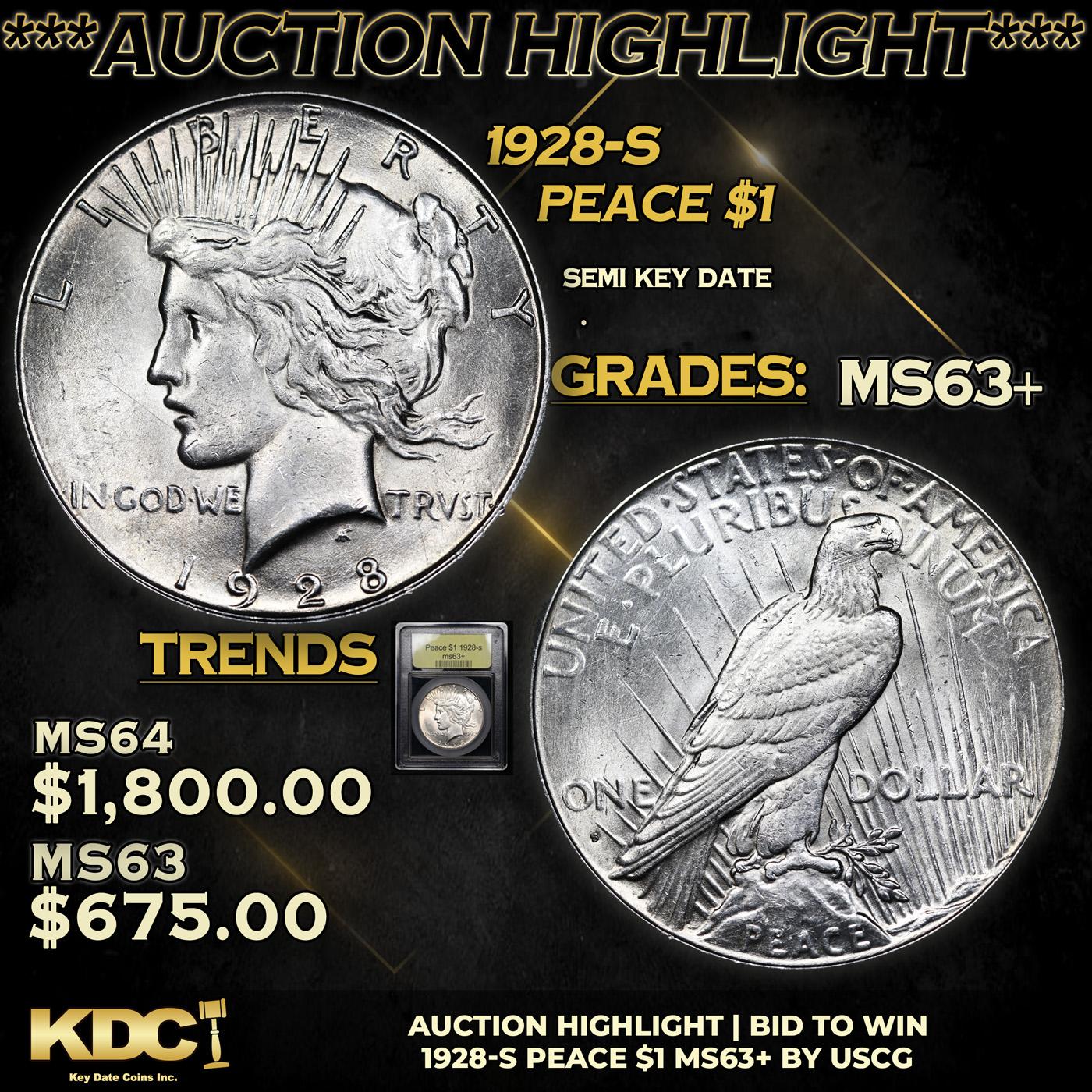 ***Auction Highlight*** 1928-s Peace Dollar $1 Graded Select+ Unc By USCG (fc)