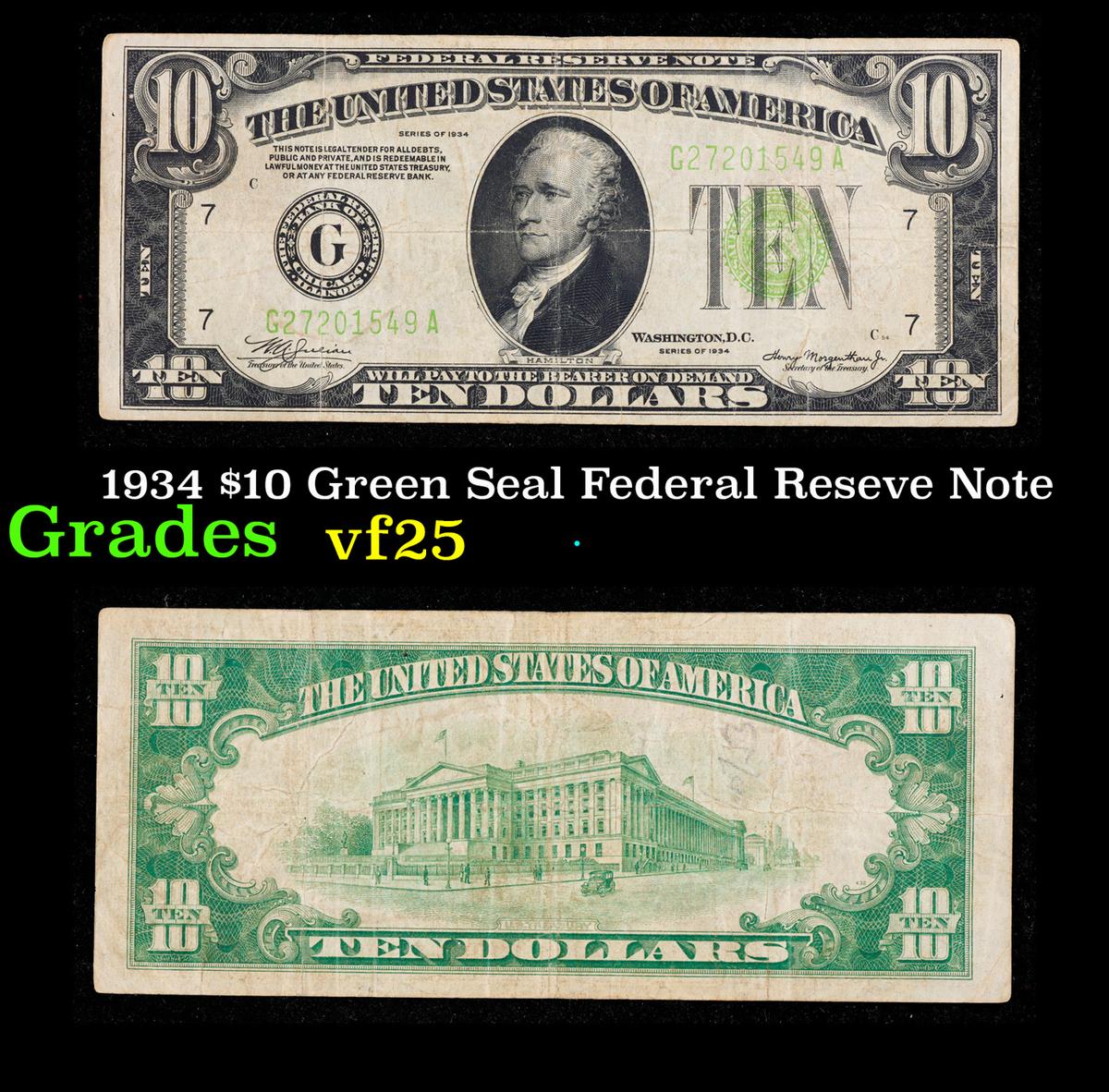 1934 $10 Green Seal Federal Reseve Note Grades vf+