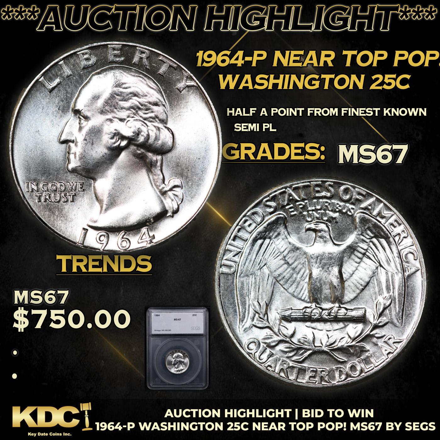 ***Auction Highlight*** 1964-p Washington Quarter Near Top Pop! 25c Graded ms67 BY SEGS (fc)