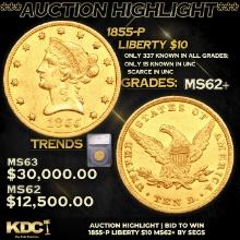 ***Auction Highlight*** 1855-p Gold Liberty Eagle 10 Graded ms62+ By SEGS (fc)