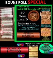 THIS AUCTION ONLY! BU Shotgun Lincoln 1c roll, 1964-p 50 pcs Plus FIVE bonus random date BU roll! Fe