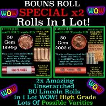 2x BU Shotgun Lincoln 1c rolls, 1994-p & 2002-d 50 pcs 50c