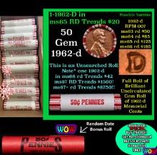 THIS AUCTION ONLY! BU Shotgun Lincoln 1c roll, 1962-d 50 pcs Plus one bonus random date BU roll! Ban